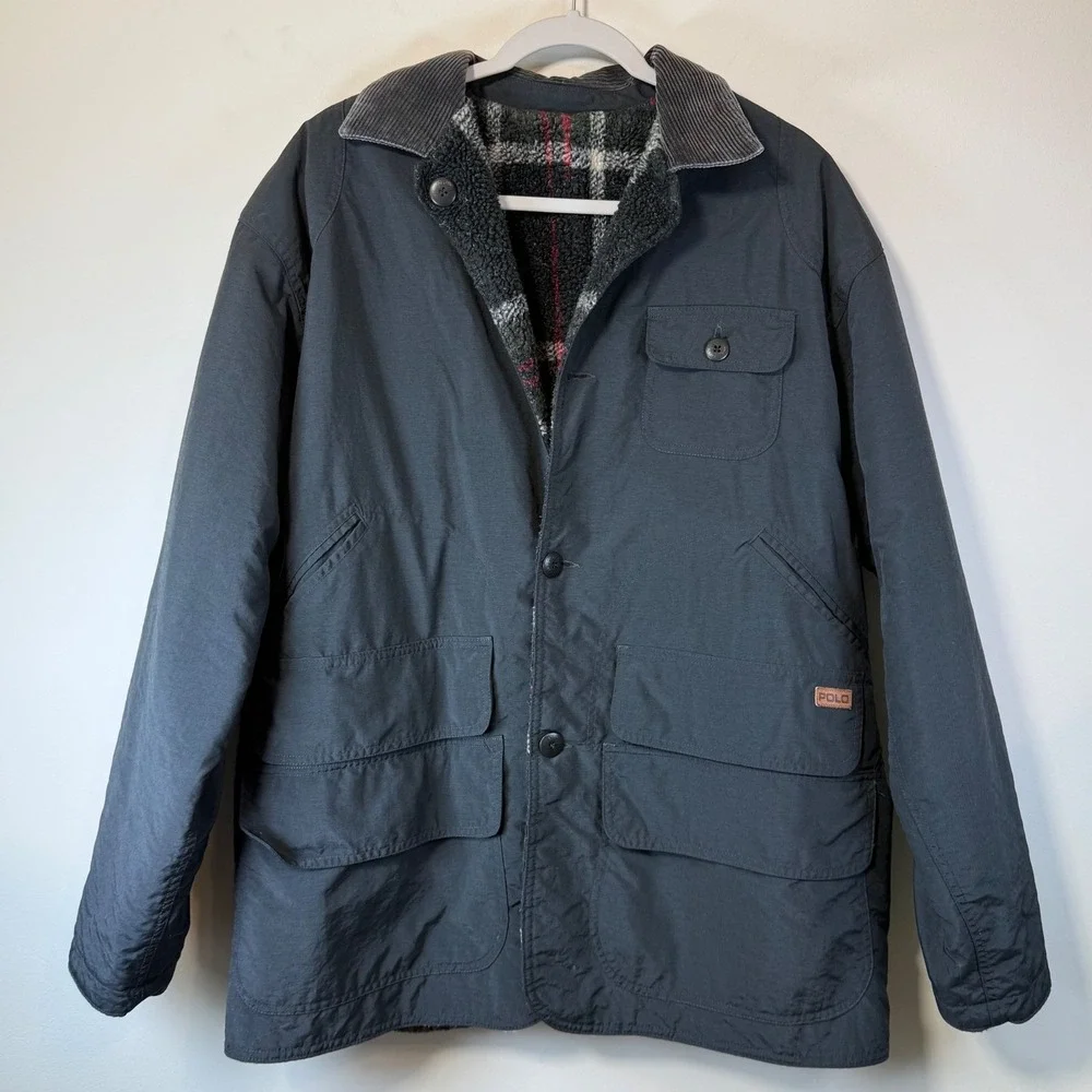 Vtg Polo Ralph Lauren Field Jacket Mens M Navy Blue Sherpa Lined Rugged Hunting